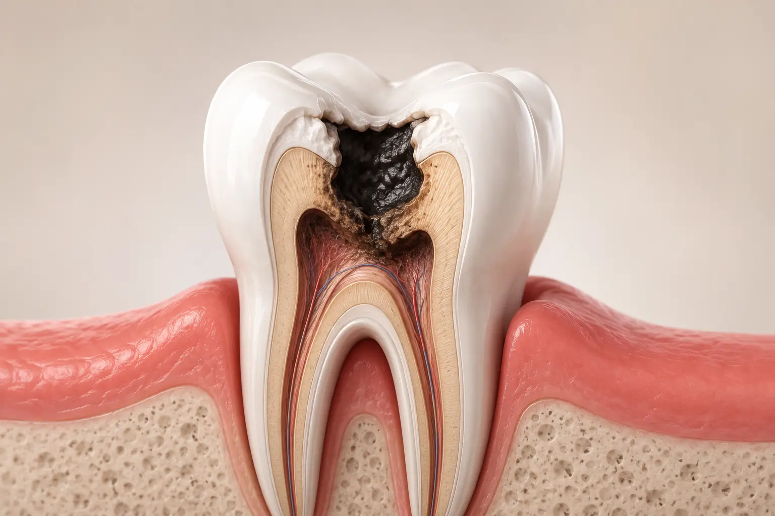 Restauração dentária — corte de dente com cárie profunda, Clínica Inovare Campo Grande MS